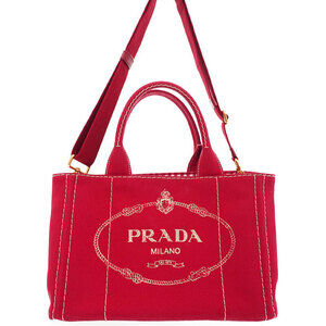 Prada Canapa Tote canvas handbag top handles 2way Red
